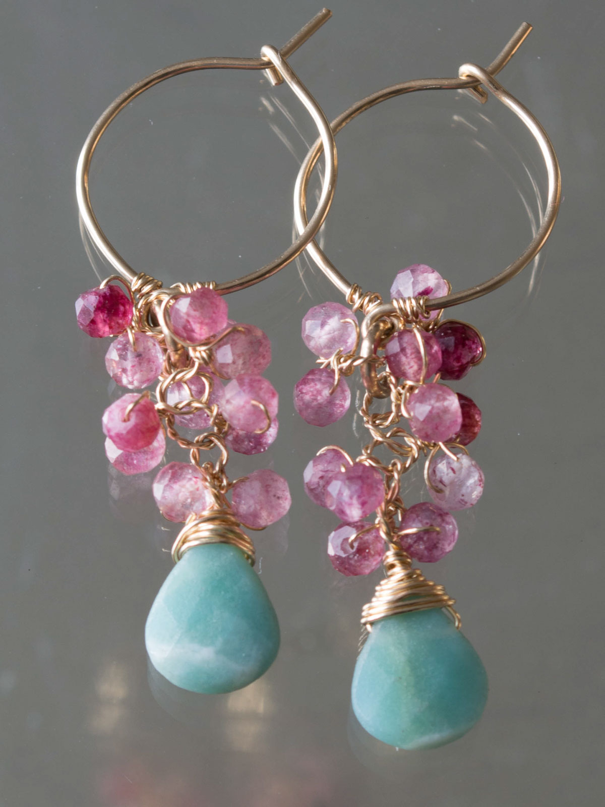 boucles d'oreilles Cluster strawberry quartz, amazonite