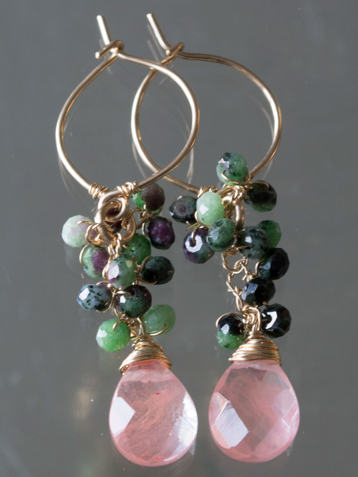 boucles d'oreilles Cluster rubis zoïsite, cherry quartz