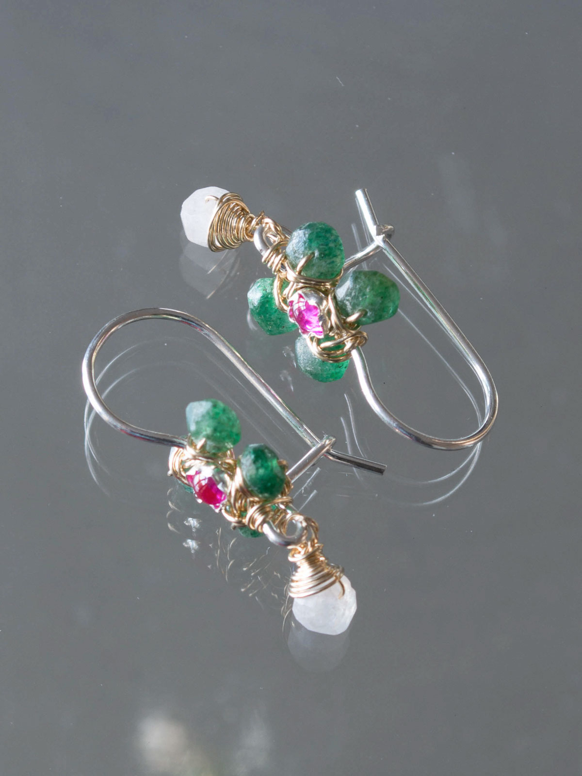 boucles d'oreilles Jasmine mini, aventurine, cristal fuchsia